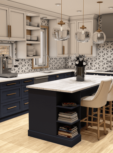 blue kitchen, pattern backsplash, granit counters, stainless hood, glass pendants, walnut finishes.modern