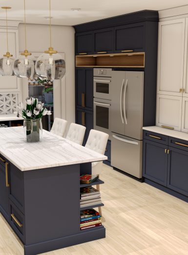 blue kitchen, pattern backsplash, granit counters, stainless hood, glass pendants, walnut finishes.modern.