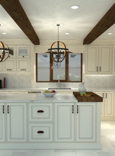 classic kitchen, beams on ceiling, butcher block, white cabinets, wood hood