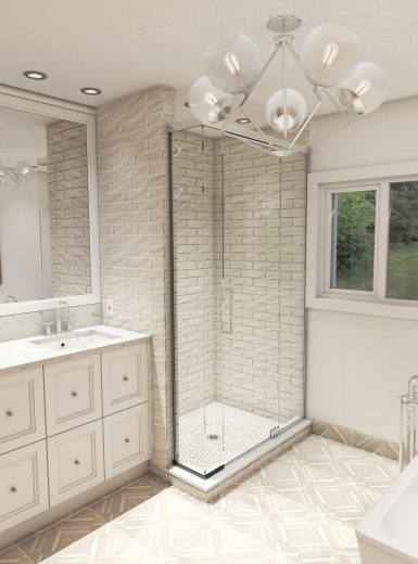 farmhouse bathroom, glam style bathroom, mosaic on floors, pattern tiles on floors, glass lighting, freestand tub,