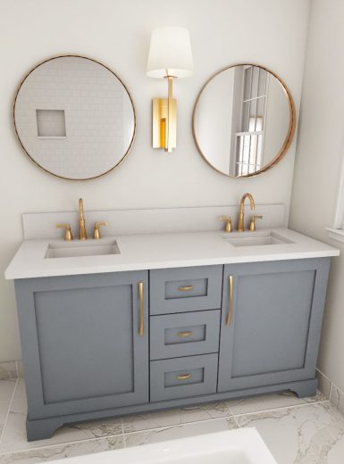 farmouse bathroom, brass finishes, grey bathroom, marble