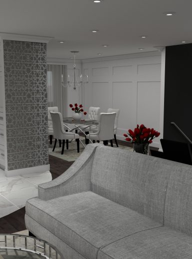 living room design, dining room designs, grey, glass staircase, carrara, glam style, fireplace, wallpaper, black and white, mosaics, decor.