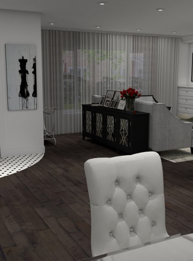 living room design, glam style, fireplace, wallpaper, black and white, mosaics, decor
