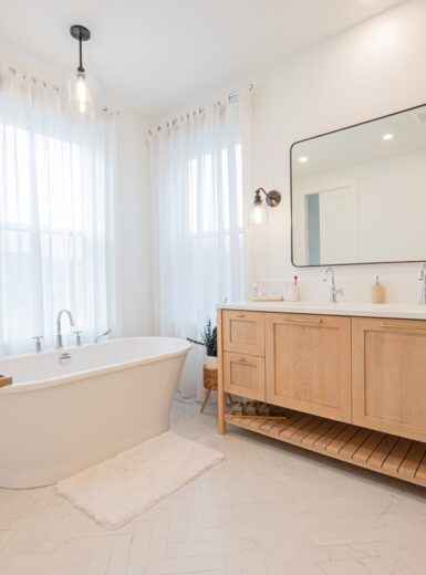 Bright and Airy Modern Farmhouse Bathroom with Wood Vanity